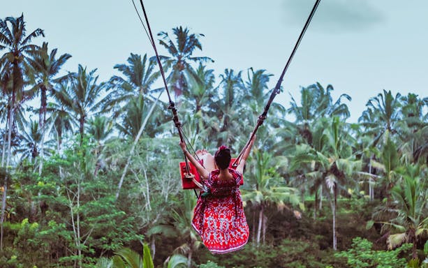 Person swinging over jungle in Ubud, Bali during a tour.