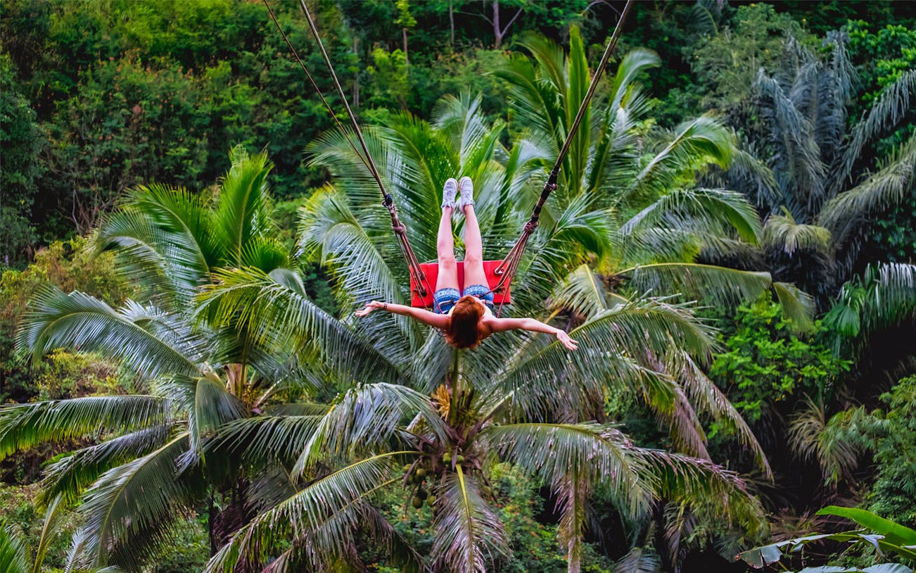 Person swinging over palm trees in Ubud, Bali during a full-day tour.