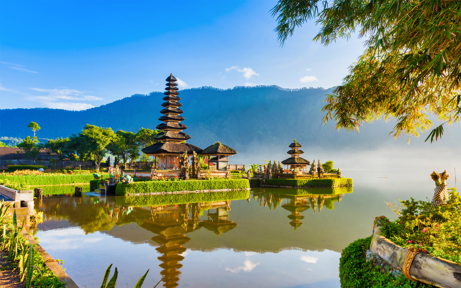 Ulun Danu Bratan Temple on Lake Bratan, Bali, with mountain backdrop.