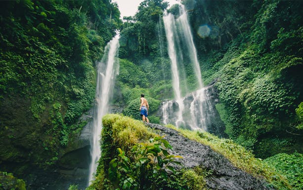 Sekumpul Waterfall lush greenery, person standing on rock, Bali tour.