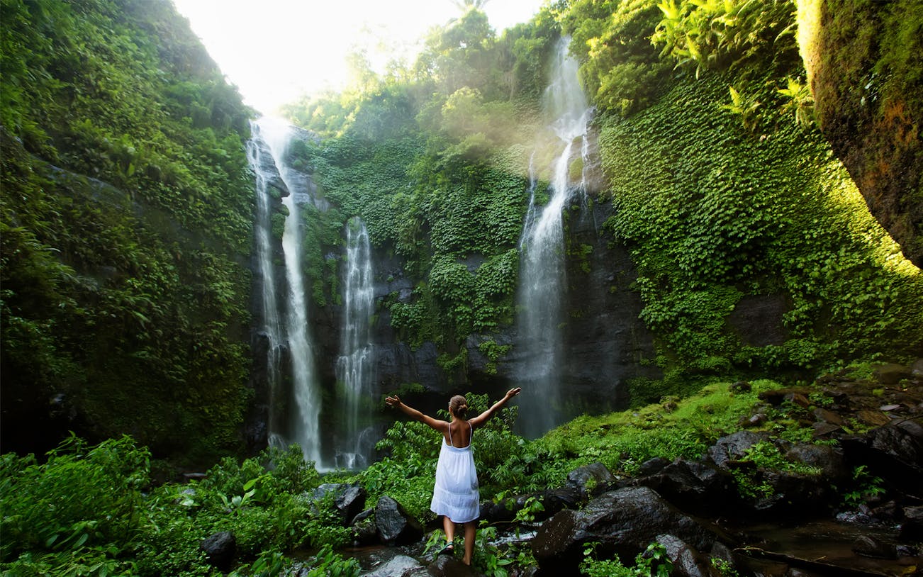 Person standing in front of Sekumpul Waterfall surrounded by lush greenery, Bali.