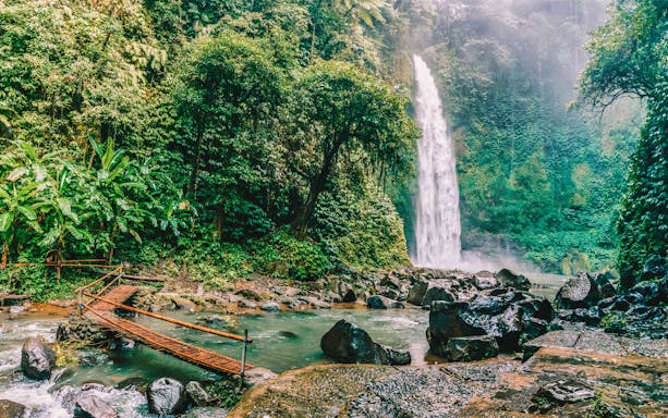 Nungnung Waterfall surrounded by lush greenery with a bamboo bridge in Bali, Indonesia.