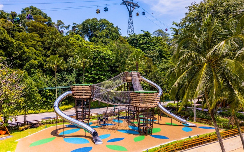 Adventure playground with slides and rope bridges at Nestopia Singapore, surrounded by lush greenery.