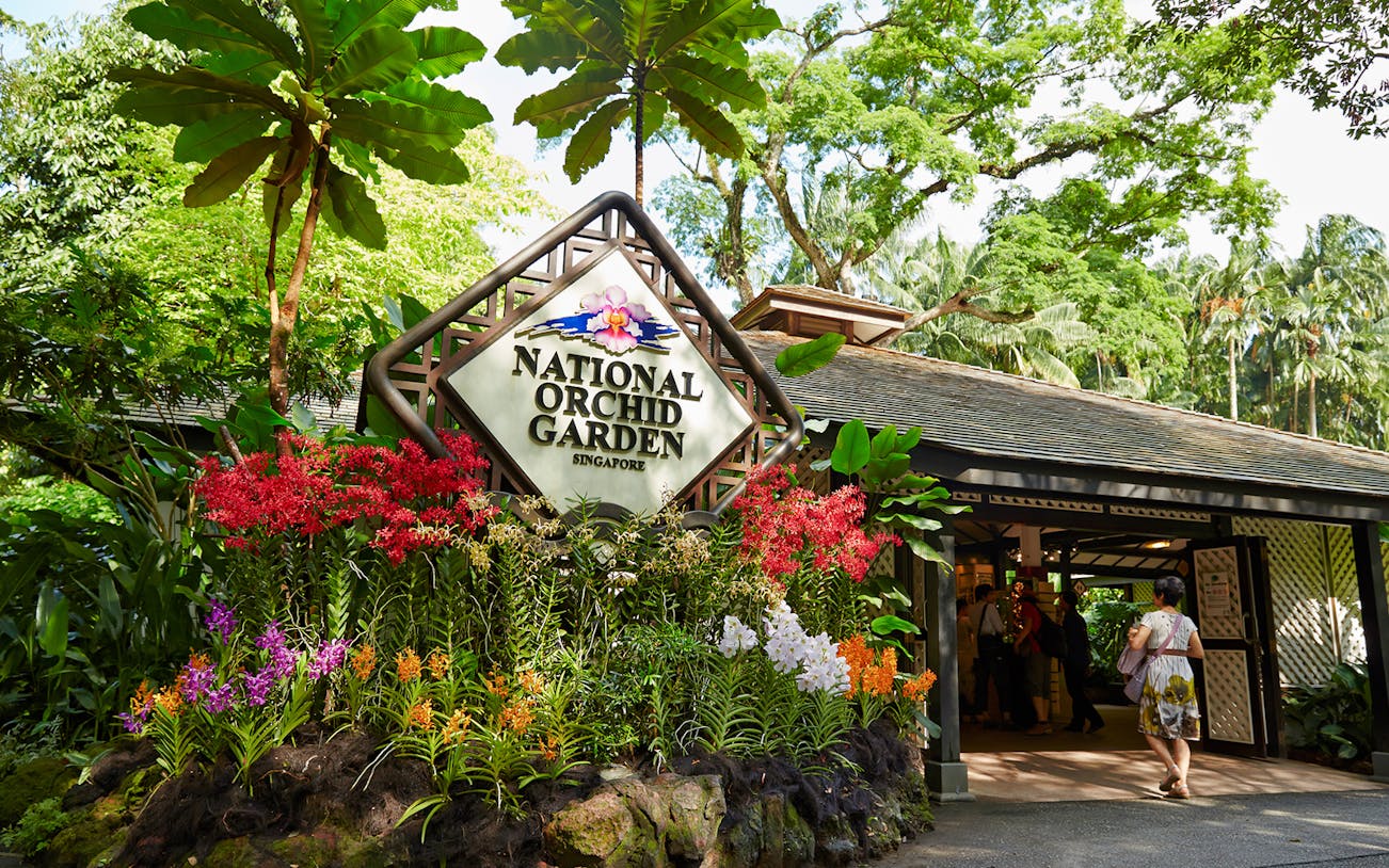 National Orchid Garden entrance with colorful orchids and lush greenery in Singapore.