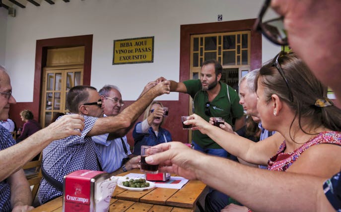 Group enjoying wine tasting on a guided tapas tour in Triana, Seville.