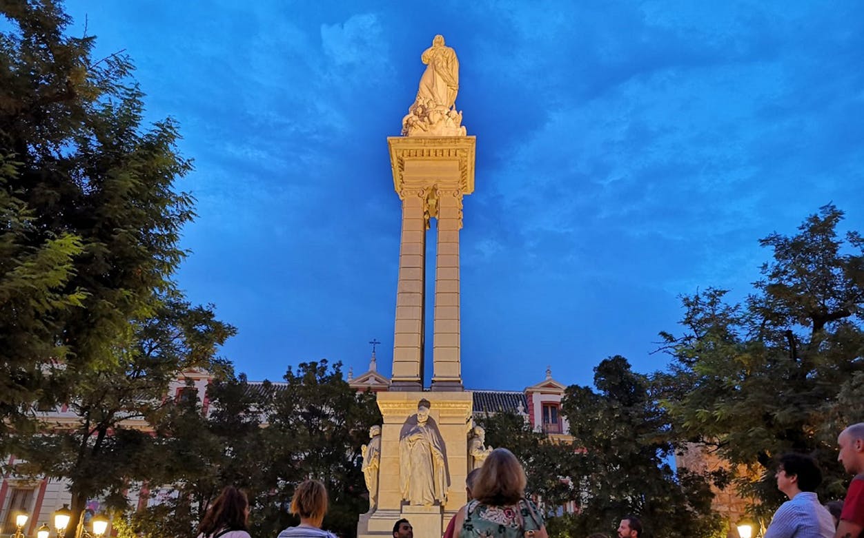 Statue of Christopher Columbus in Seville during the Enchanted Seville Walking Tour.