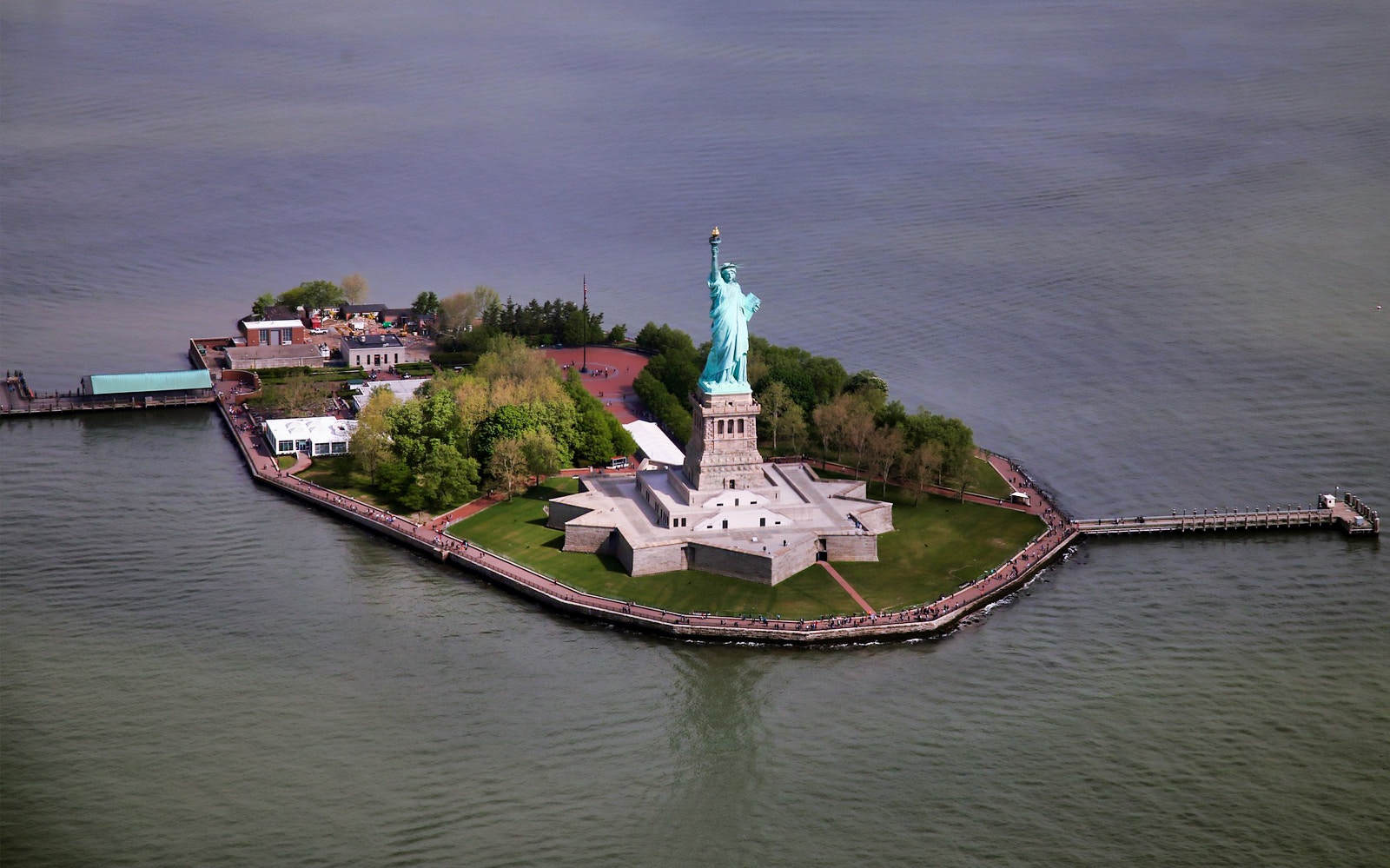 Aerial view of the Statue of Liberty on Liberty Island, New York City.