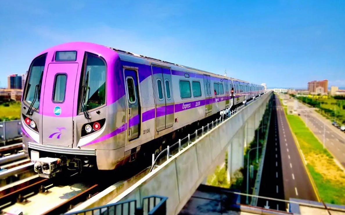 Taipei Taoyuan Airport Express train on elevated track in Taiwan.