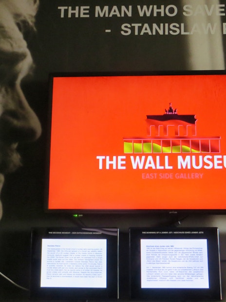 The Wall Museum East Side Gallery exhibit featuring Stanislav Petrov display.