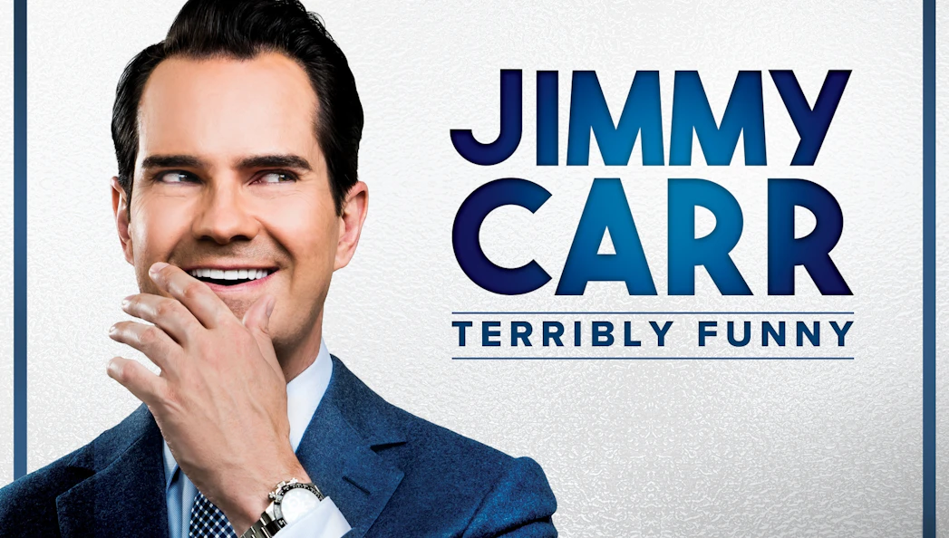 Comedian smiling with hand on face, text reads 'Jimmy Carr: Terribly Funny'