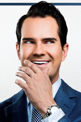 Comedian smiling with hand on face, text reads 'Jimmy Carr: Terribly Funny'
