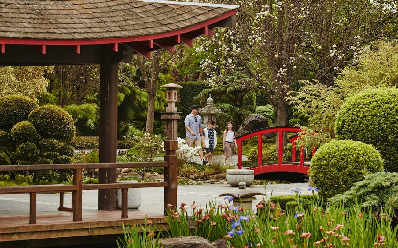 Visitors walking near a red bridge in Hunter Valley Gardens, surrounded by lush greenery.