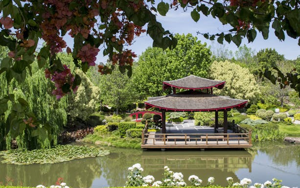 Pagoda surrounded by lush greenery and pond at Hunter Valley Gardens.