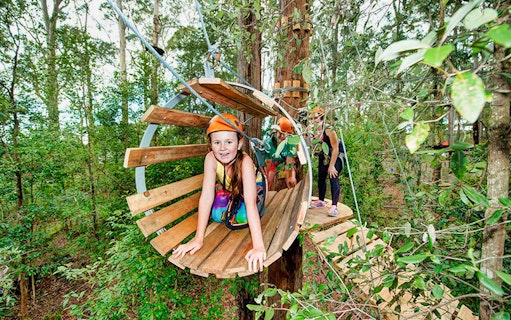 Child navigating treetop obstacle course at adventure park.