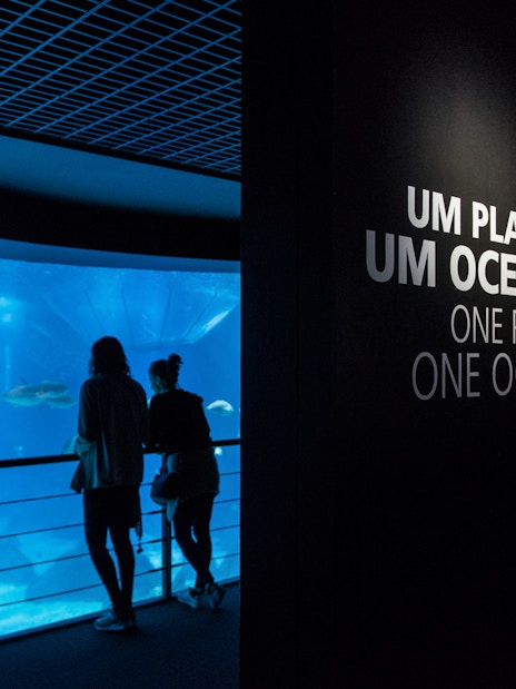 Visitors observing marine life at Lisboa's Oceanário with "One Planet, One Ocean" sign.