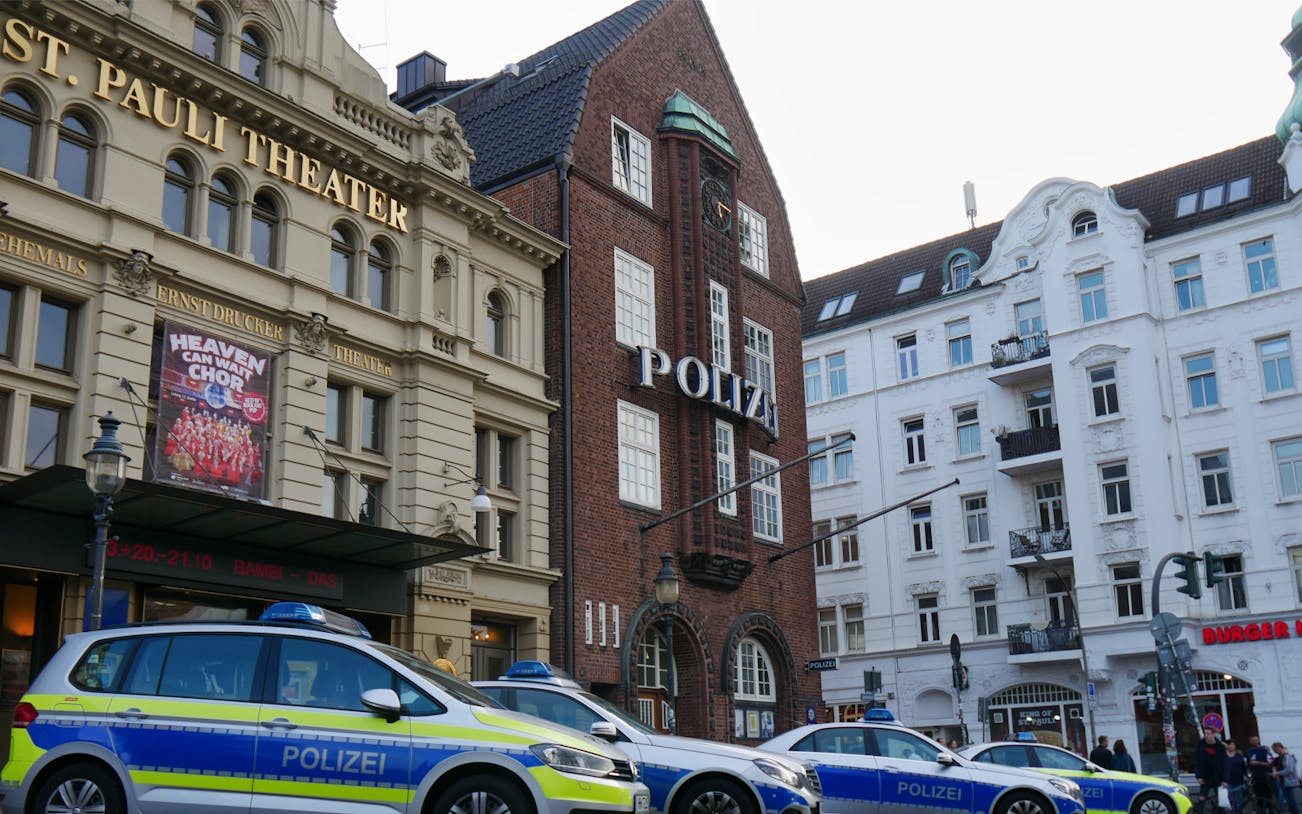 St. Pauli Theater and police cars on Reeperbahn, Hamburg, during Red & Blue Light Tour.