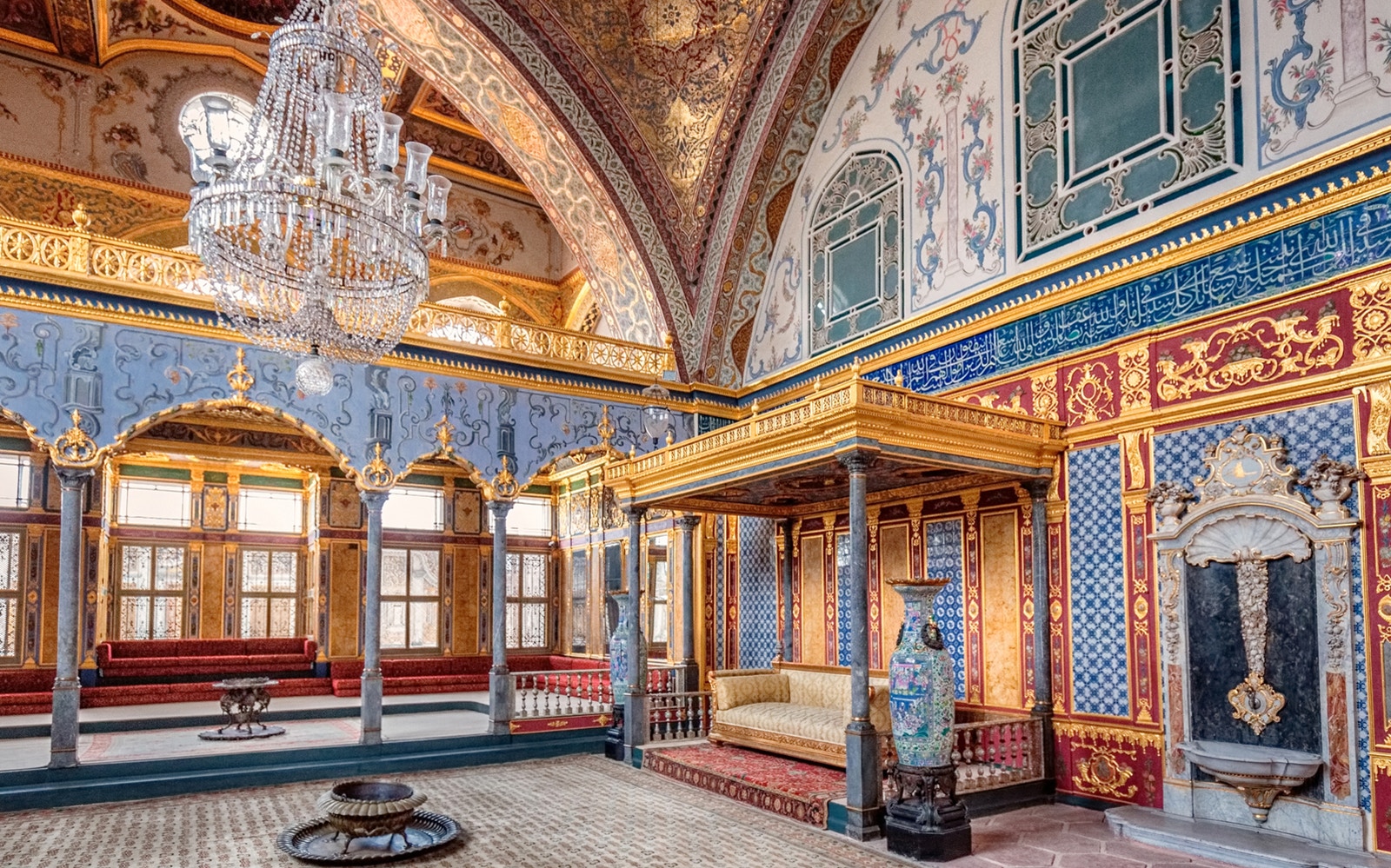 Topkapi Palace interior with ornate ceiling and intricate tilework in Istanbul.