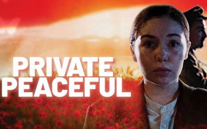 Private Peaceful poster with a young person in a field of poppies at sunset.