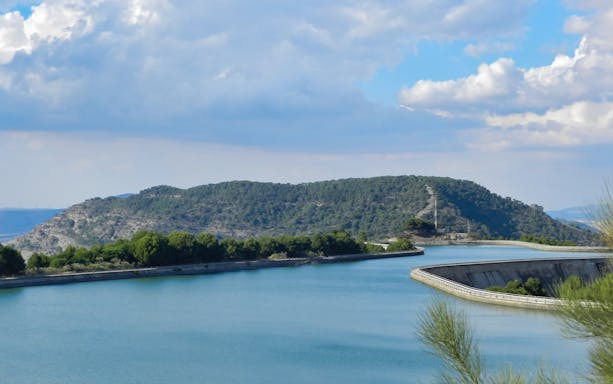 Caminito del Rey reservoir view with surrounding hills, Ardales.