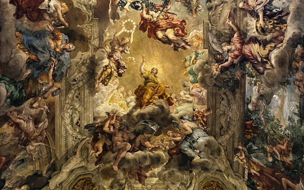 Baroque ceiling fresco at Palazzo Barberini, Rome, depicting mythological figures and divine scenes.