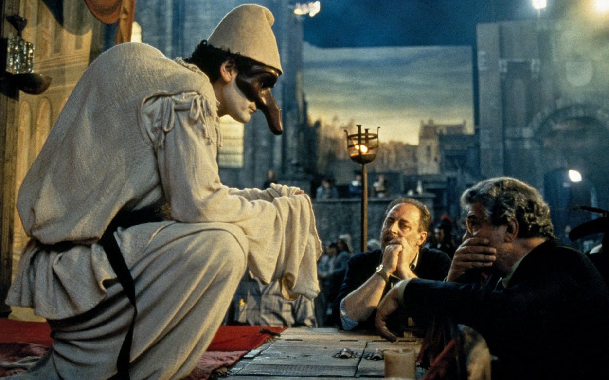 Cinecitta Si Mostra tour with masked performer and directors on set.