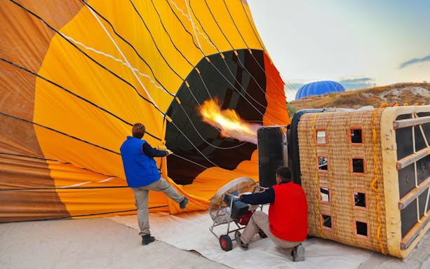 Preparing hot air balloon for flight over Fairy Chimneys, Cappadocia.