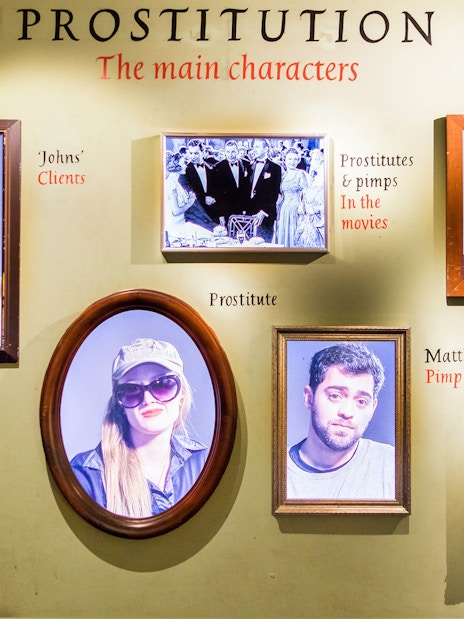 Framed portraits at Red Light Secrets Museum of Prostitution, Amsterdam.