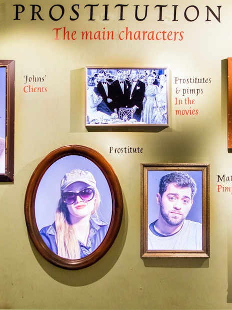 Framed portraits at Red Light Secrets Museum of Prostitution, Amsterdam.