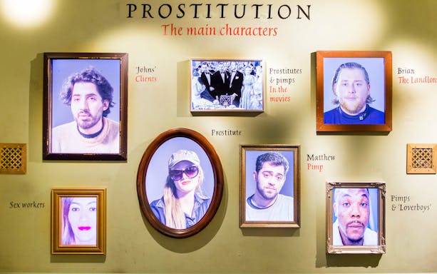 Framed portraits at Red Light Secrets Museum of Prostitution, Amsterdam.