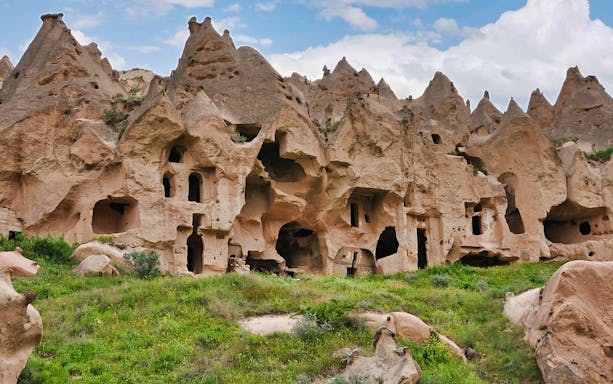 Cave dwellings in Cappadocia's Goreme Open-Air Museum, Turkey.