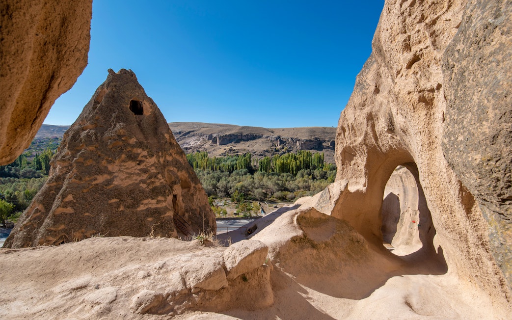 Trekking path through rock formations in South Cappadocia, Turkey.