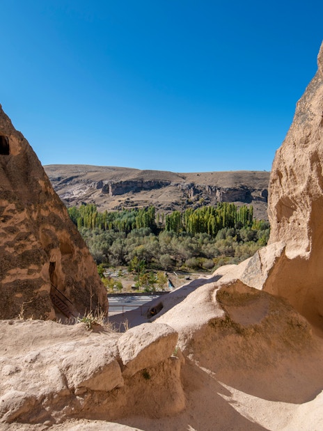 Trekking path through rock formations in South Cappadocia, Turkey.