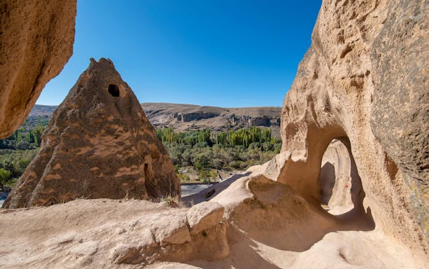 Trekking path through rock formations in South Cappadocia, Turkey.