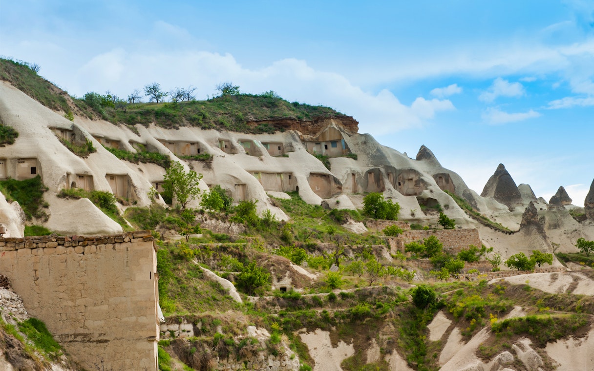 Cave dwellings in the rock formations of South Cappadocia, Turkey.
