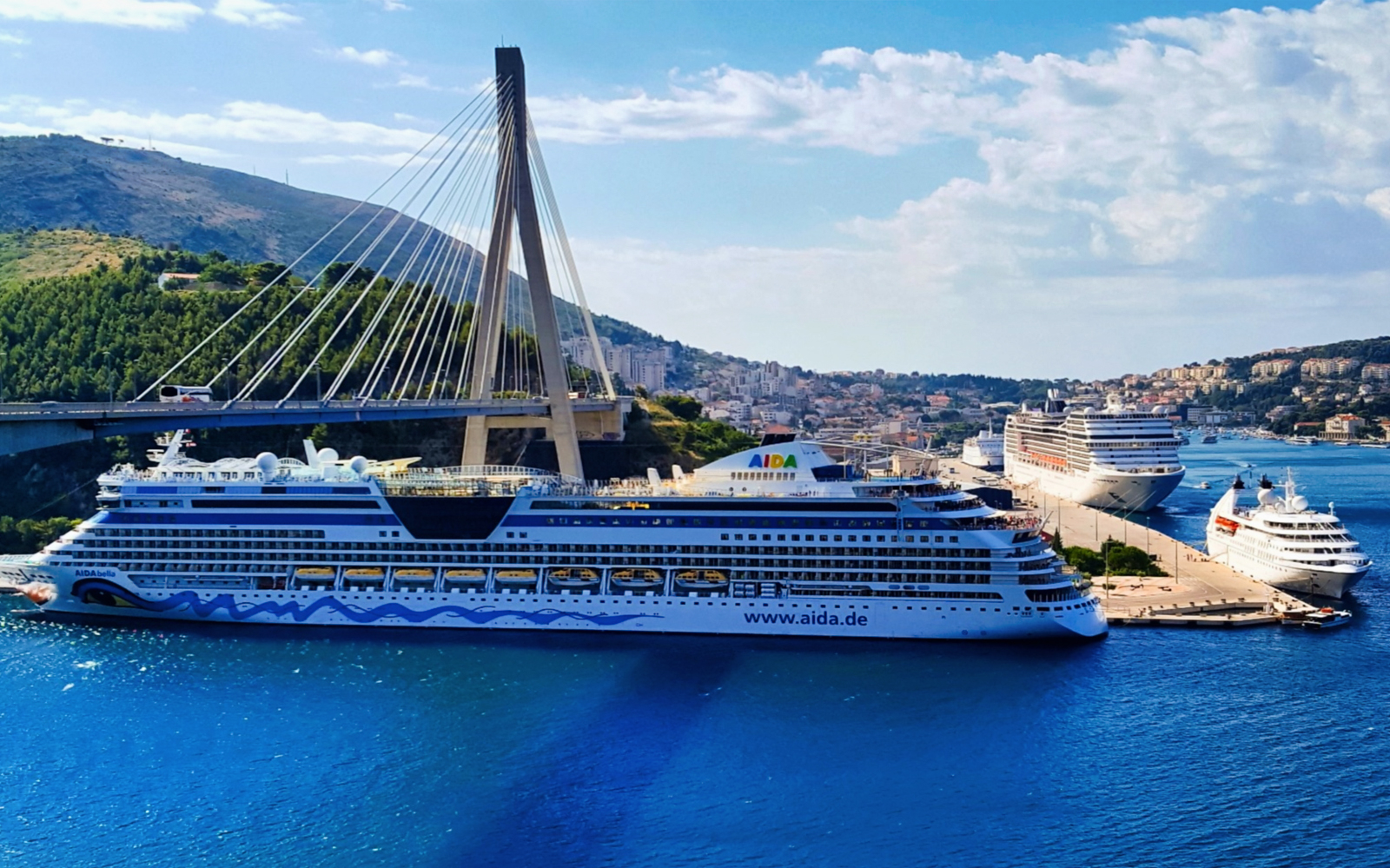 Cruise ships docked near Dubrovnik bridge with cityscape in the background.