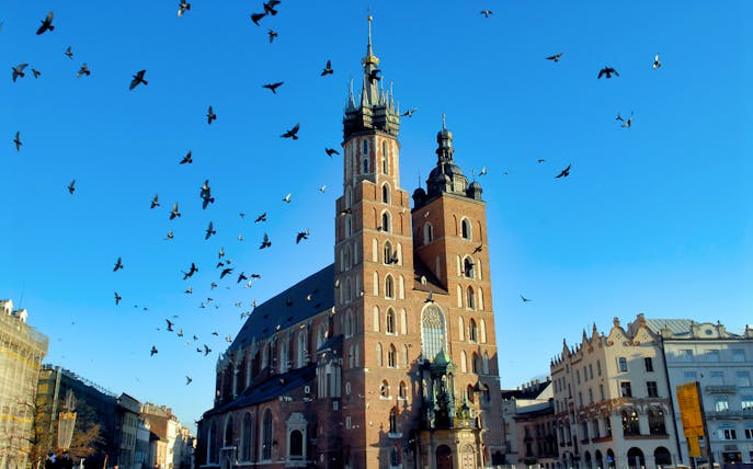 St. Mary's Basilica in Krakow with birds flying overhead.