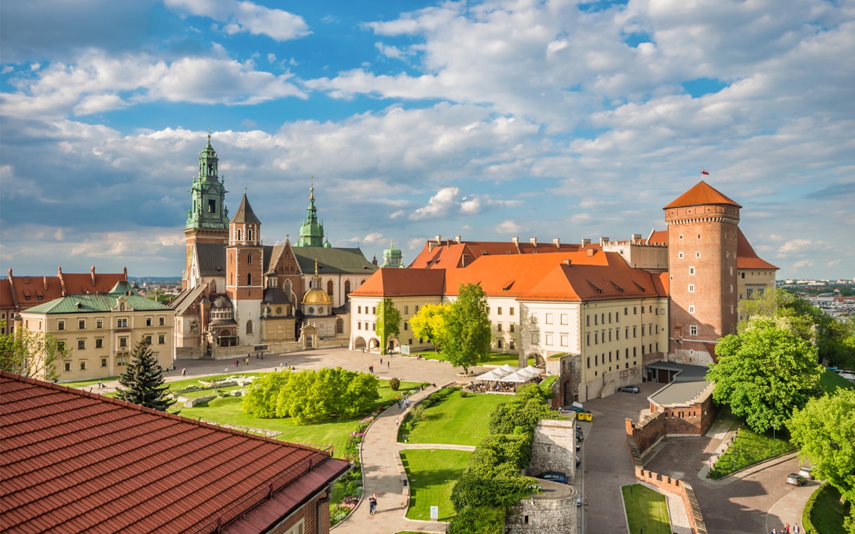 Wawel Royal Castle complex with cathedral and defensive walls in Krakow, Poland.