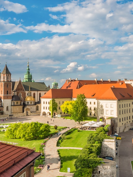 Wawel Royal Castle complex with cathedral and defensive walls in Krakow, Poland.