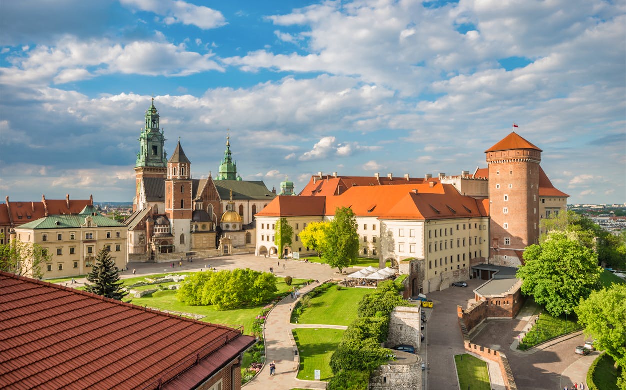 Wawel Royal Castle complex with cathedral and defensive walls in Krakow, Poland.
