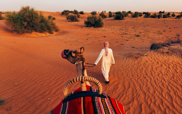 Camel ride through desert landscape at Al Maha Desert Resort & Spa Dubai.