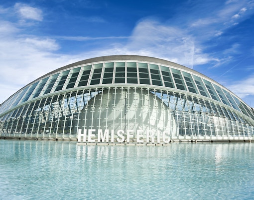 Hemisfèric building with glass dome in City of Arts and Sciences, Valencia.