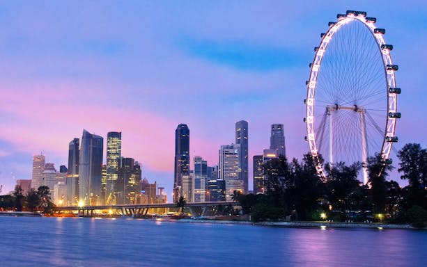 Singapore Flyer and Marina Bay Sands Skypark at dusk with city skyline.