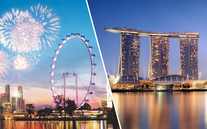 Singapore Flyer with fireworks and Marina Bay Sands Skypark at dusk.