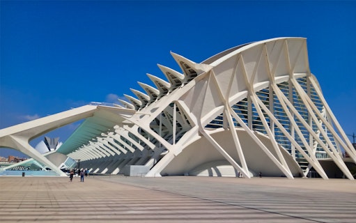 Valencia City of Arts and Sciences architecture with clear blue sky.