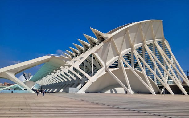 Valencia City of Arts and Sciences architecture with clear blue sky.