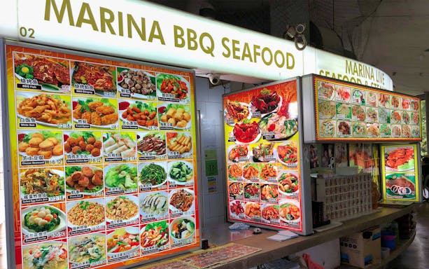 Marina BBQ Seafood menu display at Satay by the Bay, Gardens by the Bay, Singapore.