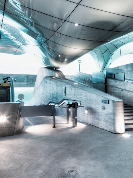 Hungerburgbahn funicular station entrance with modern architecture.