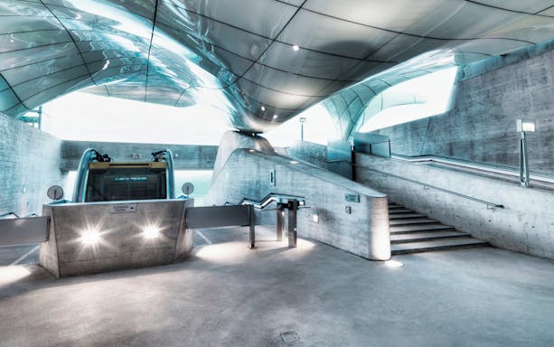 Hungerburgbahn funicular station entrance with modern architecture.