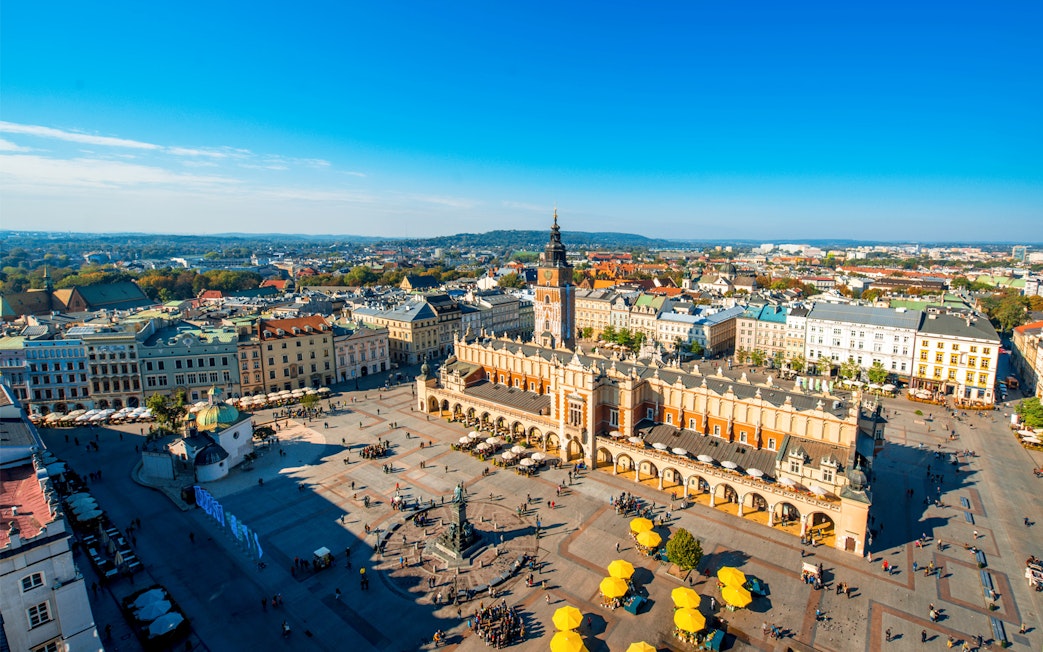 Krakow's Main Market Square with Cloth Hall and Town Hall Tower, view from above.