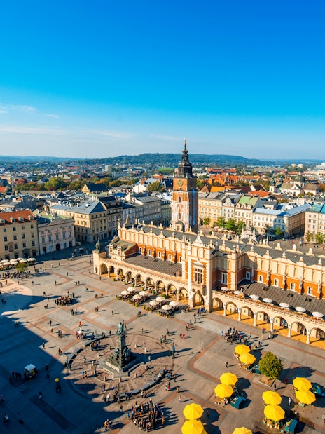Krakow's Main Market Square with Cloth Hall and Town Hall Tower, view from above.
